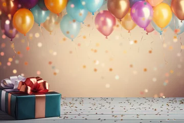 Abwaschbare Fototapete Present box and colorful confetti and balloons congratulation card background banner © Маргарита Вайс