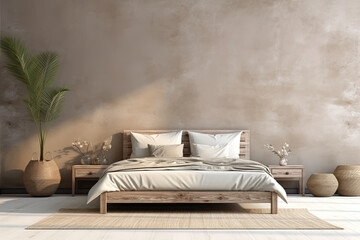 Fototapeta na wymiar Modern grey bedroom interior with a soft cozy bed, pillows, green plants