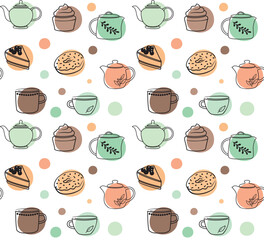Seamless pattern with sweets, teapots and cups. Vector backdrop in pastel colors	