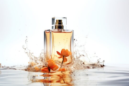 bottle of perfume with flower isolated on white