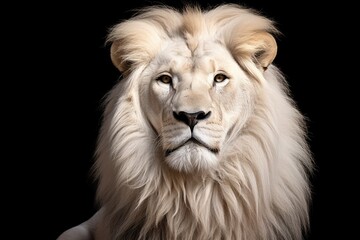 The Majestic White Lion King, Portrait Of Ragnificent White Lion On Black Background, Wildlife Depiction