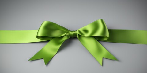 Green gift ribbon with a bow against a gray background