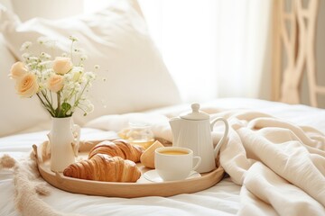 Fototapeta na wymiar Traditional Romantic Breakfast Served In White And Beige Bedroom