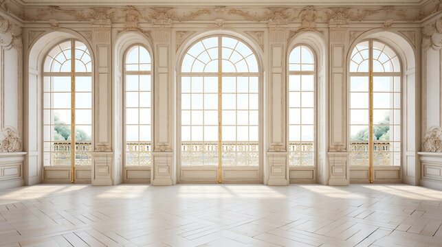 Wooden windows with vintage curtains and square moldings. AI generated image