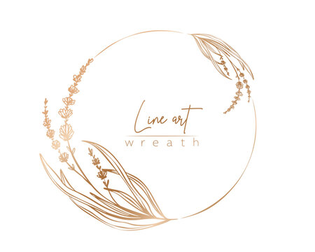 Fototapeta Botanical gold line illustration of lavender flower branch wreath for wedding invitation and cards, logo design, web, social media and posters template. Elegant minimal styl efloral vector isolated. 