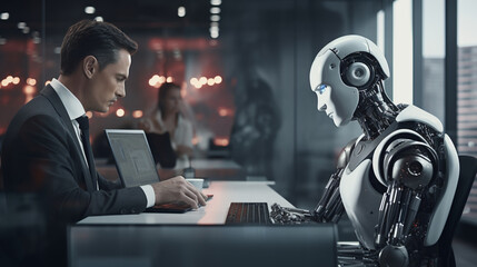 Amid the daily routine of an office, a humanoid robot assistant aids a human coworker, illustrating the dynamic collaboration between human creativity and AI technology in the work 