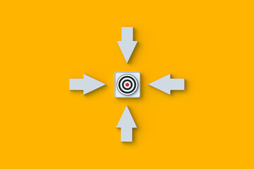 Many attempts to achieve one goal. Great efforts to achieve results. Strong motivation or ambition. Varied strategies. One vision. Arrows pointing to the button with bullseye. 3d render