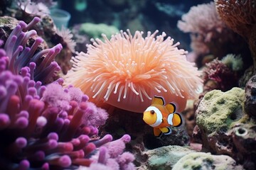Closeup view of an anemone with clownfish and cleaner shrimp in a reef tank. Generative AI