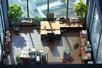 Bird's-eye view of office space with computer and large window. Photorealistic representation. Generative AI