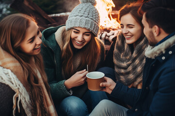 beautiful smiling young friends sitting and warming up near bonfire in camping zone in the forest