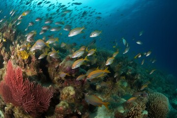 Naklejka na ściany i meble Marine life teeming with dolphins and colorful fishes. Generative AI