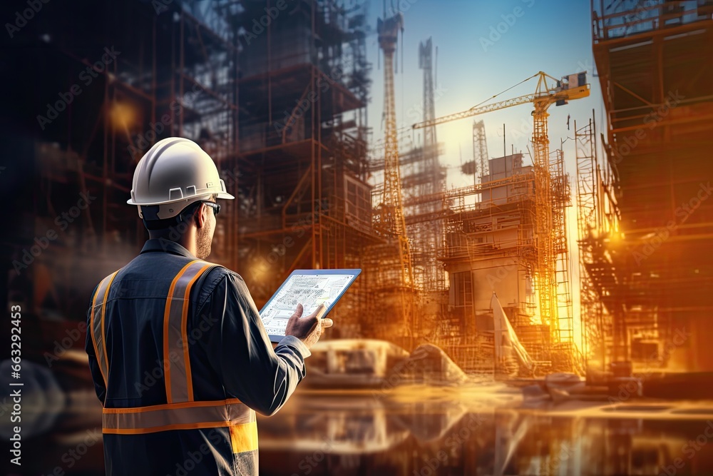 Poster engineer or foreman working at construction site. engineering and architecture concept. double expos