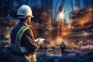 Engineer or architect working with digital tablet at construction site background, Double exposure of Engineer and Architect working with smart phone and digital tablet and building, AI Generated
