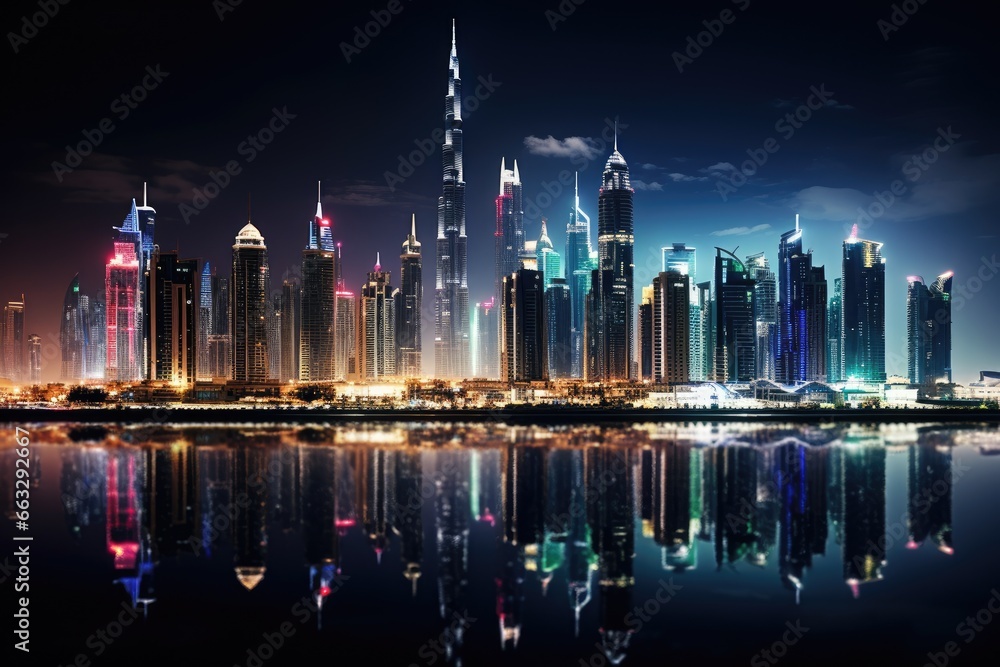 Sticker Dubai skyline at night with reflection in water, United Arab Emirates, Dubai city by night, AI Generated