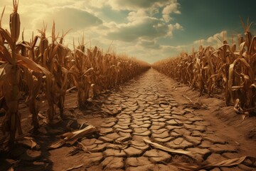 Dry and cracked corn field in the sunset time. Concept of drought, Drought in a cornfield, AI Generated