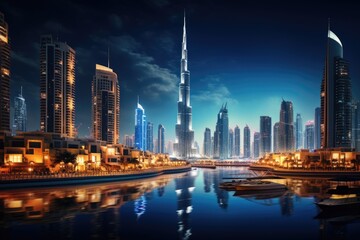 Dubai Marina at night in Dubai, UAE. Dubai was the fastest developing city in the world between 2002 and 2008, Dubai city by night, AI Generated