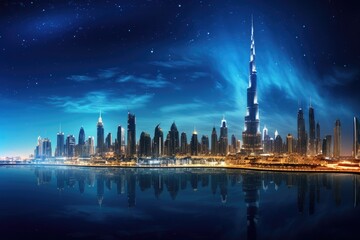 Dubai skyline at night with starry sky, United Arab Emirates, Dubai Panoramic Night View, AI Generated
