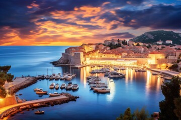 Fototapeta premium Dubrovnik old town at sunset, Croatia. Panoramic view, Dubai sunset view of downtown covered with clouds, AI Generated