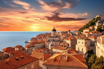 Dubrovnik old town at sunset, Croatia. Adriatic Sea, Dubai sunset view of downtown covered with clouds, AI Generated - obrazy, fototapety, plakaty