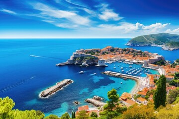 Panoramic aerial view of Dubrovnik old town in Croatia, Dubrovnik landscape. / Aerial view at famous european travel destination in Croatia, Dubrovnik old town, AI Generated - obrazy, fototapety, plakaty