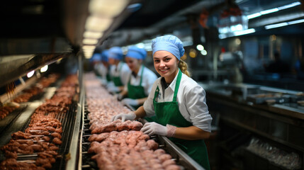 Female staff working at meat factory. Woman chopped a fresh beef meat in pieces on metal work table, industry of processing food.