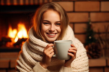 beautiful happy smiling young woman sitting and warming up near fireplace, home sweet home