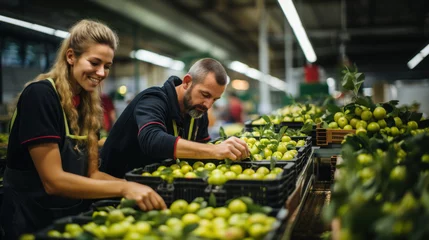 Fotobehang Young female and male workers sorting green apples in boxes at fruit warehouse. Working in organic food factory. © AS Photo Family