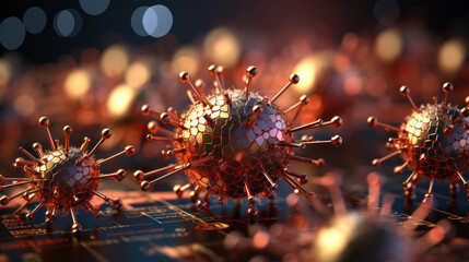 Virus in abstract technology background. Computer digital image. Sars disease, coronaviruses in the lung. - obrazy, fototapety, plakaty