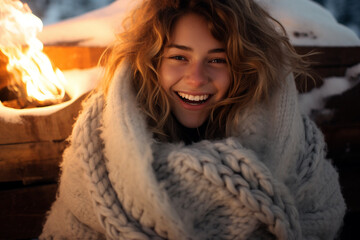 beautiful happy smiling young woman sitting and warming up near bonfire in camping zone in the forest - obrazy, fototapety, plakaty