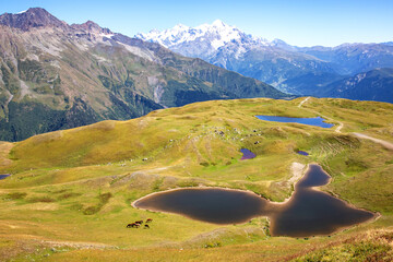 mountain lake in the snowy backdrop of the Caucasus mountain range in Georgia