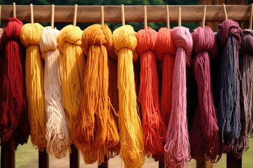 Colorful skeins of thread for embroidery hanging on the clothesline, Dyeing fabrics yarn in dyeing farm production, AI Generated