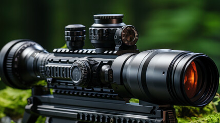 Rifle scope sight aiming weapon on nature green background.