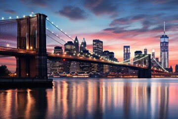Brooklyn Bridge and Manhattan skyline at sunset, New York City, East River mit Blick auf Manhattan und die Brooklyn Bridge, New York, USA, AI Generated - obrazy, fototapety, plakaty
