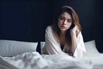 Junge Frau sitzt wach und unausgeschlafen in ihrem Bett - obrazy, fototapety, plakaty
