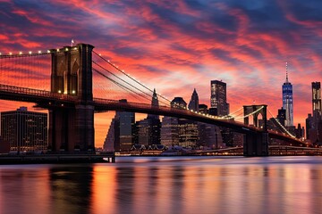 Manhattan and Brooklyn Bridge at sunset, New York City, USA, East River mit Blick auf Manhattan und...