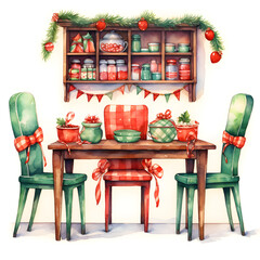 collection of dining room set, decorate for christmas season with red and green color, christmas watercolors, watercolor illustration