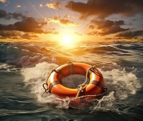 Obraz premium Lifebelt, help concept, buoy, survivor in distress on stormy seas, sos, generative ai