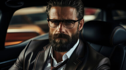 Handsome bearded man in a leather jacket and glasses is driving a car.