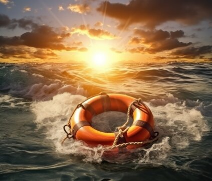 Lifebelt, help concept, buoy, survivor in distress on stormy seas, sos, generative ai