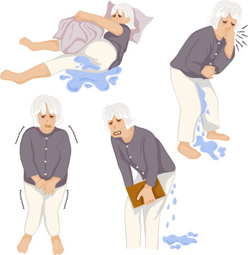  set of elderly woman having symptoms of urinary incontinence.Vector illustration 