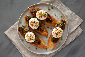 Homemade Creamy Mushroom Toasts on a Plate, top view. Flat lay, overhead, from above.