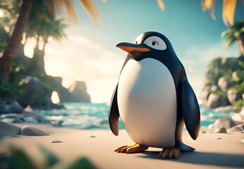 Penguin's Seaside Retreat, 
Penguin Waddling by the Water, 
Charming Penguin on the Coast, 
Playful Penguin on the Beach