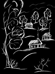 Rural landscape with houses and trees