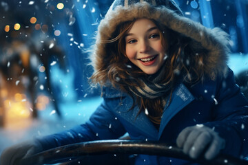 Fototapeta na wymiar portrait of a beautiful smiling happy girl in snowy winter