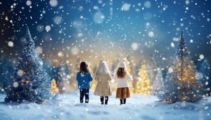 happy children enjoying winter on snowy background outdoors