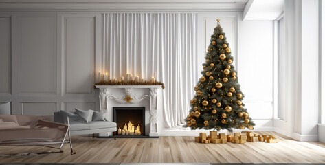 fireplace with christmas tree and decorations, christmas tree in the room, christmas tree decoration, 