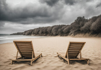 Serene Beach Chairs, 
Beachside Relaxation Scene, 
Ocean View Lounging