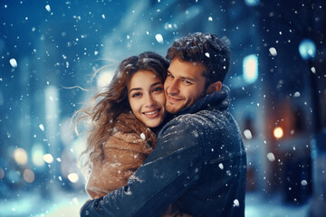 happy couple in snowy winter - obrazy, fototapety, plakaty