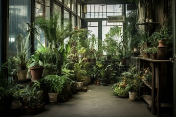 A deserted shop display area taken over by plants. Generative AI