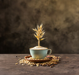 Vegan coffee shop Cup of oat cappuccino with oat crops displaying plant-based vegan milk dairy...